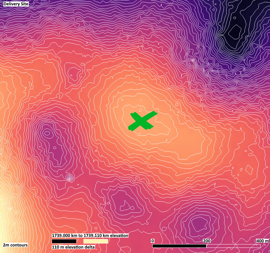 Figure 4. Delivery Site (shown by green X) with 2 Meter Terrain Contour Lines.